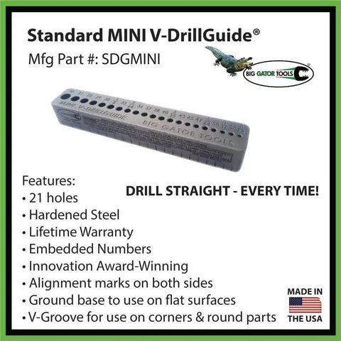 Standard MINI V-DrillGuide with 21 holes, hardened steel, for precise hand drilling on corners, flat and round surfaces.