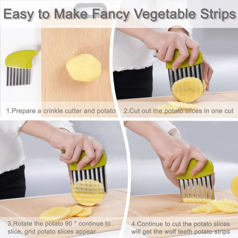 Two Pack Crinkle Cutter Set For Veggies And Chips Stainless Steel Wavy Cutter with green handle creating crinkle-cut potato slices.