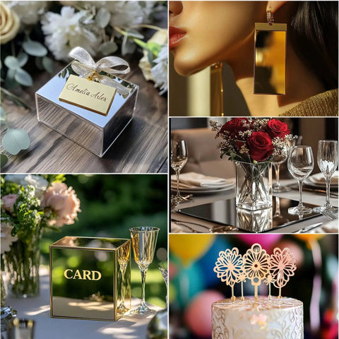 Collage of decorative items featuring reflective surfaces, jewelry, and floral arrangements in elegant settings.