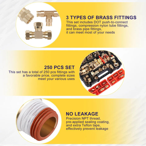 Ailbiuko 250-piece brass air fittings kit with DOT push-to-connect; nylon tube fittings; NPT sizes 1/4–3/4 in