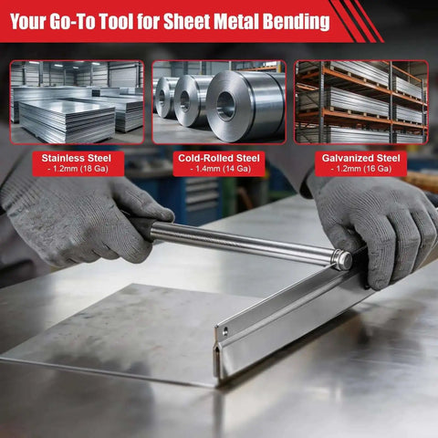 Person using Beefy Heavy Duty 12 Inch Sheet Metal Bender Hand Hemming Tool For 24 Gauge Steel with anti-rust coating on metal sheet.