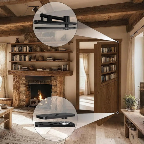 360 Degree Quiet Pin Hinge Set for Murphy Bed Doors and Concealed Cabinets in rustic living room with bookcase door