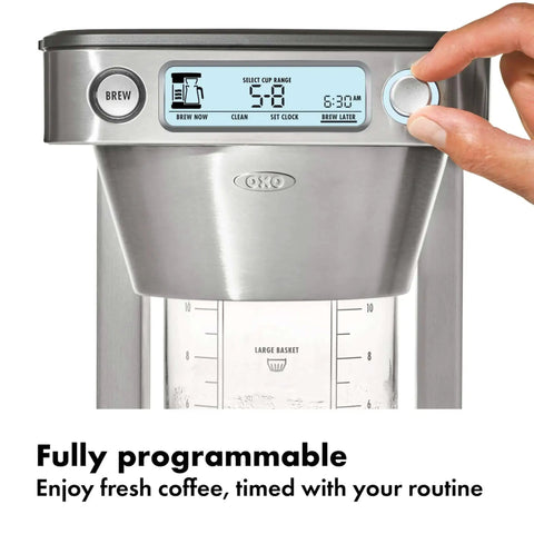 12 Cup Coffee Maker With Podless Single Serve Function In Silver showing digital display and brew settings, easy home use