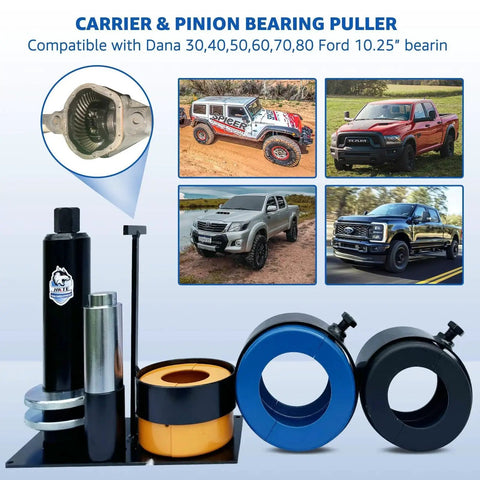 Carrier and Pinion Bearing Puller for Dana 30 40 60 70 80 and Ford 8.8 9.75 10.25 Inch Bearings with Clamshell Carrier Design.