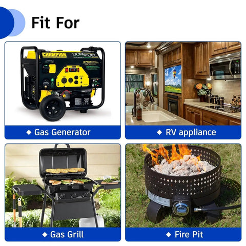 Image showing uses for Two Stage Propane Regulator With 5 Foot Hose For Grills, RVs And Generators, including gas generator and grill.