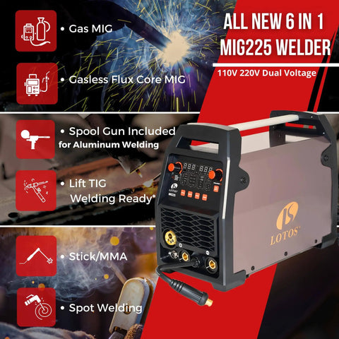 Aluminum Ready Six In One MIG Welder With Spool Gun 225 Amp 110 220 Volt Auto Synergistic Settings MIG Flux Core Gasless
