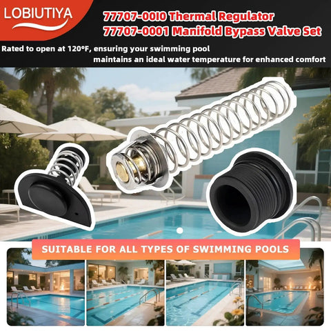 Thermal Regulator And Manifold Bypass Valve Kit For MasterTemp 200 250 300 333 And Sta-Rite Pool Heaters, 120 F Open Setpoint, Includes 77707-0010 And 77707-0001 displayed with a swimming pool background.