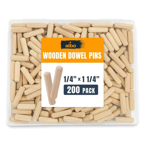 1/4 X 1-1/4 Inch Fluted Wood Dowel Pins, Birch Hardwood Dowels, 200 Pack For Woodworking and Joinery in plastic box