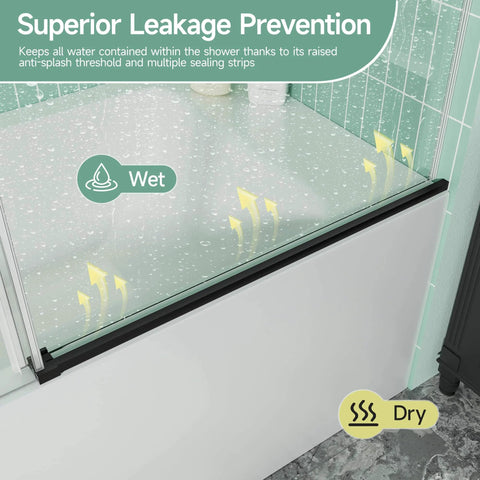 Frameless Bathtub Sliding Shower Door With Barn-Style Exposed Roller System, 8mm clear tempered safety glass, matte black hardware.