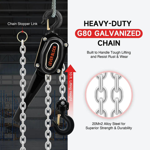 3 Ton Manual Lever Chain Hoist With 10 Ft Lift G80 Chain Swivel Hooks Heavy Duty showing G80 galvanized chain in warehouse.