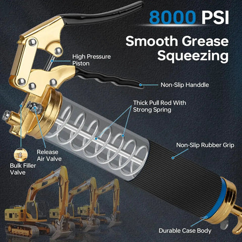 Heavy Duty 8000 PSI Pistol Grip Grease Gun Kit With 14 Oz Capacity 0.53 Inch Coupler And 90 Degree Adapter 18 Inch Flexible Hose.