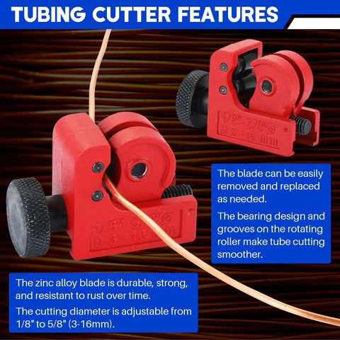All In One Brake Line Flaring Tool Kit With Tubing Cutter showing close-up of red cutter on copper tubing with features