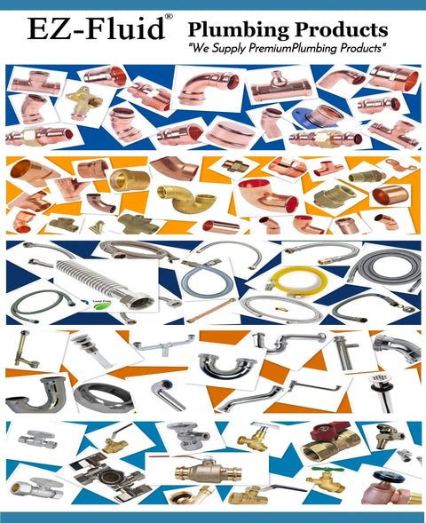 Assorted EZ-Fluid plumbing products including no-fuss brass three-way angle stop valve with dual outlets and other fittings.