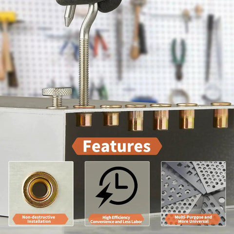 Rivet Nut Installation Tool Set For SAE And Metric Nutserts 15pcs Heavy Duty showing installed nutserts and features details