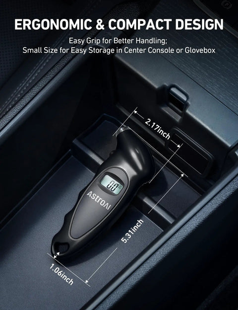 Digital Tire Pressure Gauge With Backlit LCD, Non Slip Grip, And Replaceable AAA Batteries For Cars Trucks And Bikes, 0-150 PSI Four Units Bar KPa KgF Cm2 Presta Valve Adapter Included, compact design in car console.