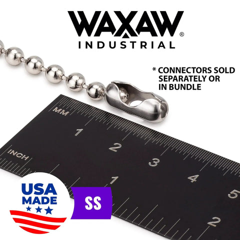 10 Foot Stainless Steel Ball Chain Bead Size 10 Made In USA with ruler scale, connectors shown sold separately, Waxaw Industrial logo