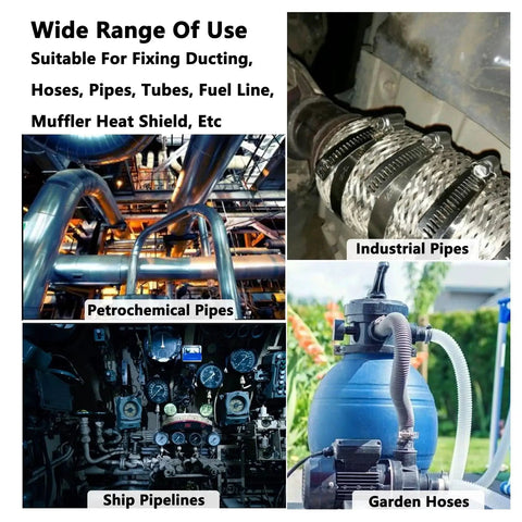 Collage showing application in industrial pipes, petrochemical pipes, ship pipelines, and garden hoses using Heavy Duty Worm Gear Hose Clamps 304 Stainless Steel Adjustable Pipe Clamp Kit With Fasteners Long Metal Screw Pipe Strapping Assortment For Outdoor Use Rust Resistant Durable Reusable By ULIFESTAR.