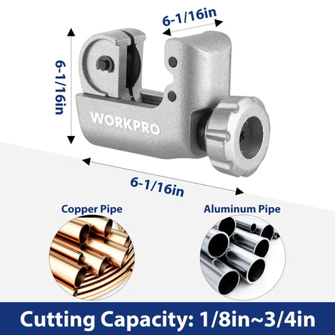 Versatile Tubing Cutter Set For Copper Aluminum Brass And Plastic Pipes One Eighth To One Quarter Inch Cutting Capacity With Deburring Tool For Clean Burr Free Edges And Quick Repairs By WORKPRO 6-1/16in dimensions.