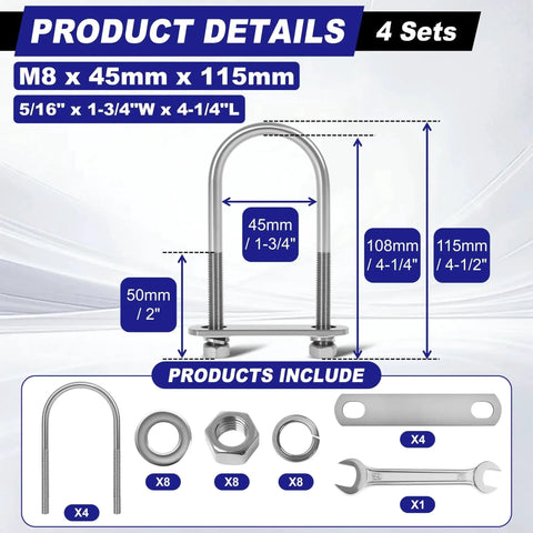 Heavy Duty M8 U Bolts Set Of 4 1-3/4 Inch Wide 4-1/4 Inch Long Stainless 304 Grade with components and measurements