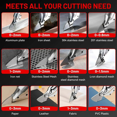 Pro Grade Cordless Metal Shears with 18V Power cutting various materials including metal, paper, and plastic, highlighting versatility