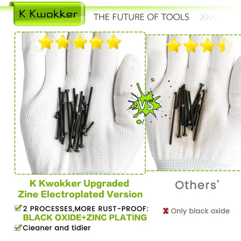 Comparison of K Kwokker zinc electroplated screws and others' black oxide screws on gloved hands.