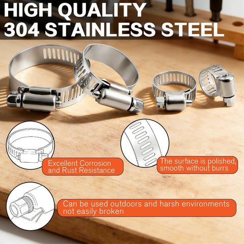 185-piece set of 304 stainless steel worm gear hose clamps, 1/4-2 in (6-51mm), includes 10 ft strap