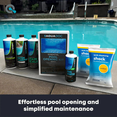 Pool Opening Kit For Inground And Above Ground Pools Kick Off Your Season With This All In One Pool Starter Kit Including Algaecide, Water Clarifier, Shock, Stain And Scale Remover, Test Strips For 15000 To 20000 Gallon Pools, displayed poolside