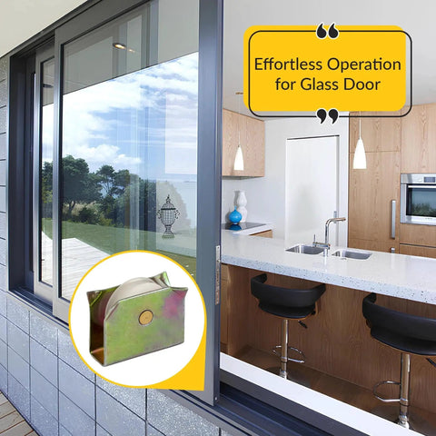 Sliding Window Roller With Nylon Wheel And White Finish, Durable Metal Housing With Dichromate Finish, 9/16 Inch Wheel, 3/4 Inch Length, 9/16 Inch Height, 1/4 Inch Width, Window Hardware Pack Of 10 For Sash And Track Replacement installed in glass door frame.