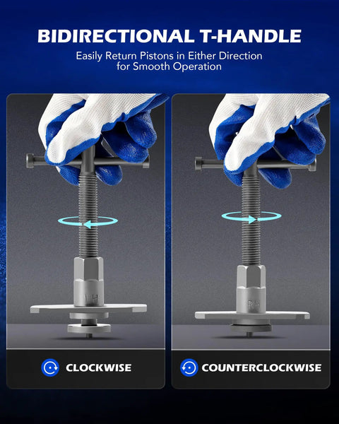 Bidirectional T-handle tool showing clockwise and counterclockwise piston operation for brake calipers.