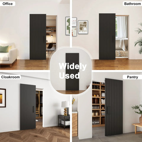 Concealed Sliding Barn Door With Soft Close For Interior Use shown in office, bathroom, cloakroom, pantry; black vinyl wrapped, 30x84 inches.