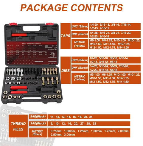 All In One 49 Piece Thread Chaser And Repair Kit For UNC UNF And Metric Bolts Nuts And Screws With 22 Taps 24 Dies And 3 Files