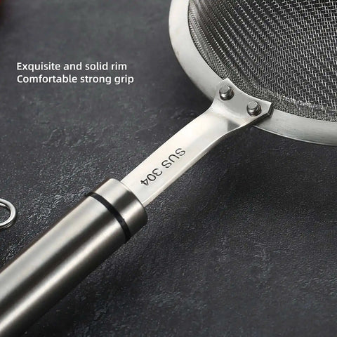 Close-up of handle on 304 Stainless Steel Fine Mesh Strainer With Handle Skimmer For Kitchen Must Have Pro Grade Dishwasher Safe Colander Sieve