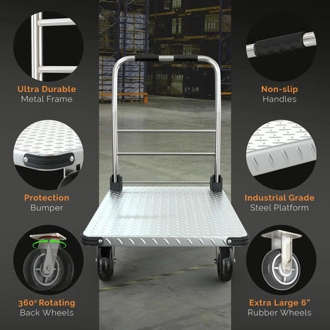 Heavy Duty 2200 Pound Capacity Foldable Push Cart Dolly with steel platform and swivel wheels in a warehouse setting