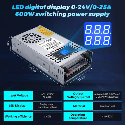 Beefy 600W 24V Adjustable DC Power Supply with LED Display, AC 110V-220V Input, DC 0-24V Output Buck Converter shown from angle