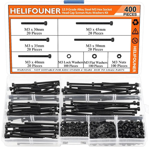 M3 Hex Socket Head Cap Screws Set With Nuts And Washers, 400 Piece Kit In 5 Lengths, visible with box label and contents