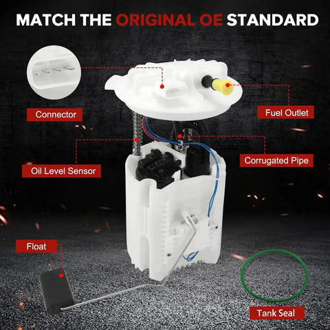 Electric Fuel Pump Module Assembly Direct Fit Drop In Replacement For Dodge Grand Caravan 2011 To 2020 3.6L V6 And Chrysler Town And Country 2011 To 2016 Ram CV 2012 To 2015 Volkswagen Routan 2011 To 2014 with labeled parts including connector, oil level sensor, and tank seal.