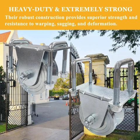 2 Pack 4 Inch Heavy Duty V Groove Sliding Gate Roller Wheels With No Weld Installation And External Brackets 6600 Pound Capacity For Inverted Gate Systems Zinc Plated Anti Rust Finish installed on gate