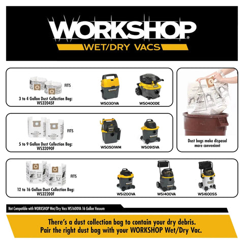 Workshop wet/dry vacuums with compatible dust collection bags for 3 to 16 gallons.