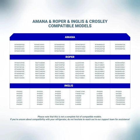 Washer model compatibility chart for Amana, Roper, Inglis and Crosley with model numbers.