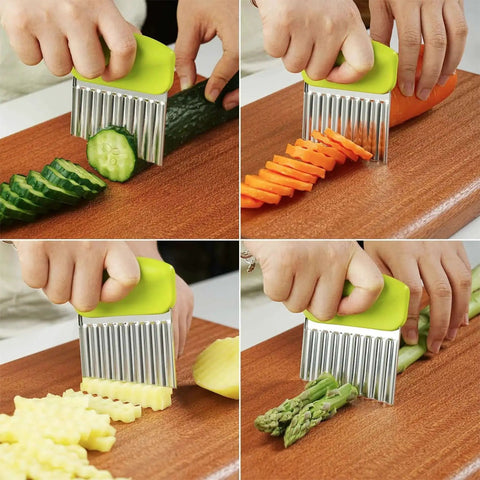 Fun Crinkle Cutter Knife Set Two Pack For Potatoes Vegetables And Fruits, Wavy Slicer in use on cucumber, carrot, potato, and asparagus