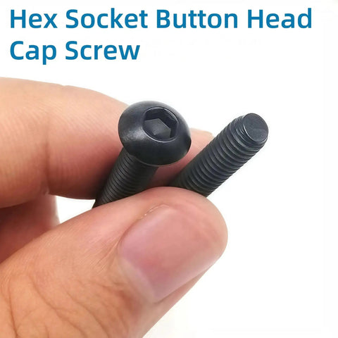 Close-up of a black zinc-plated hex socket button head screw from the Massive M3 Screws And Nuts Assortment Kit With Washers And Wrench, 630 Pcs Includes M3 Hex Button Head Socket Cap Screws In 6 8 10 12 16 20 25 30mm, Plus 210 M3 Nuts And 210 Washers, Black Zinc Plated For Easy DIY Projects.
