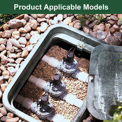 Niahm replacement valve diaphragm 3/4–1 in irrigation valve in buried green box with three solenoid valves and PVC pipes