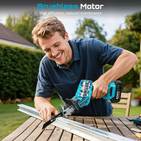 Person using Cordless Reciprocating Saw With Brushless Motor And 3500 RPM Variable Speed For Wood And PVC Cutting, LED Light, Tool Free Blade Change, Includes 6 Blades And 2x4Ah Batteries, Portable Power For Tough Jobs to cut metal outdoors.