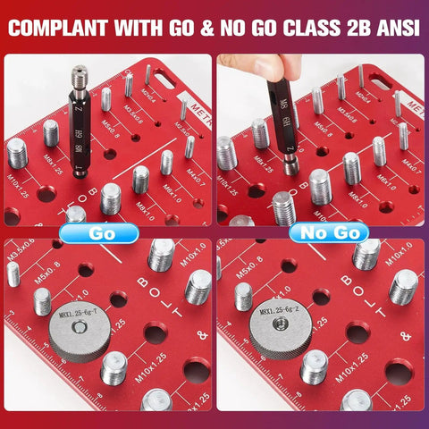 76 Piece Thread Checker Gauge Set Featuring 34 Standard And 26 Metric Thread Sizes Plus 16 Screw Size Gauges Aluminum Plate With Inch And Centimeter Rulers shown with metal thread gauges on red background.