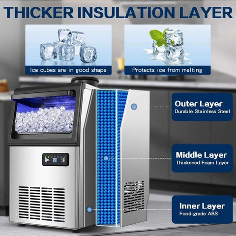 Commercial Ice Maker Machine Delivers 110 Lbs Per Day With Undercounter Or Freestanding Design 22 Lbs Storage Bin Stainless Steel Self Cleaning Quiet Operation Pro Grade For Home Bar Restaurant Coffee Shop, showing thicker insulation layers