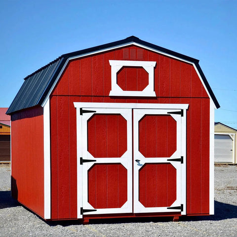 Red barn with double doors featuring 10 Inch T Strap Shed Door Hinge Heavy Duty 2 Pack Gate Hinge for outdoor use and durable security
