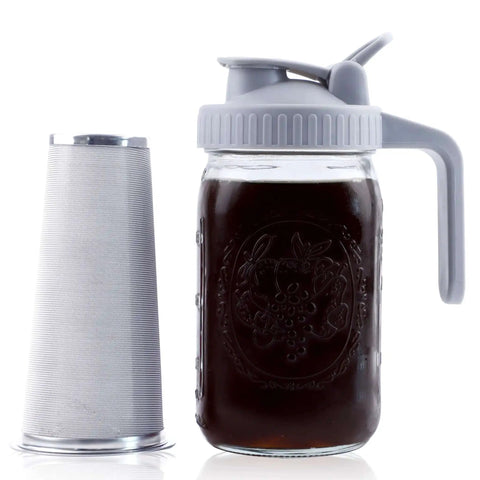 32 Oz Mason Jar Cold Brew Pitcher With Strainer And Wide Mouth Glass Spout Lids For Fridge Iced Coffee Tea Lemonade Sun Tea 1 Quart Brew Maker Dishwasher Safe No Mess