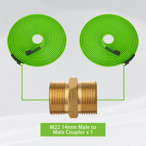 PWACCS pressure washer hose pair, 50 ft x 1/4 in, kink-resistant, green, with M22 male-to-male coupler