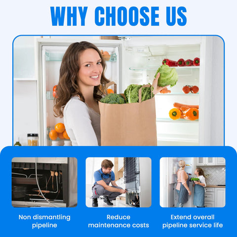 Bullet piercing valve BPV31 ad banner: woman with grocery bag by an open fridge, Why Choose Us header
