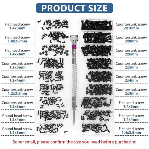 All Purpose Pro Grade 500 Piece Screw Kit with 18 common sizes and micro screwdriver for laptops, PCs, motherboards, SSDs, and glasses